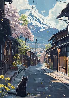 Japanese Street Scene with Mount Fuji