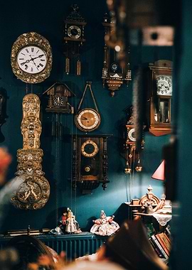Antique Clocks on a Teal Wall