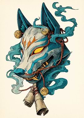 Japanese Fox Mask with Smoke
