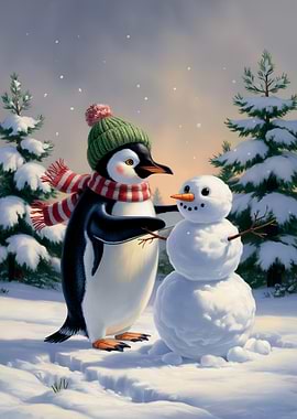 Penguin Building a Snowman in Winter