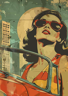 Retro Woman in Car Illustration