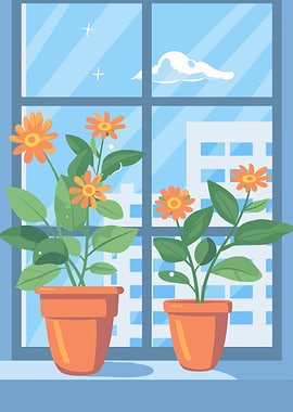 Flowers in pots by the window