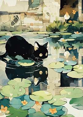 Black Cat in Lily Pond Illustration