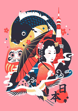 Japanese Culture Illustration with Geisha and Crane
