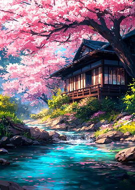 Japanese House by River with Cherry Blossoms
