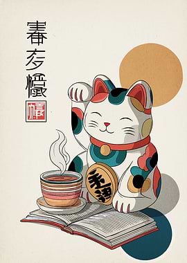 Maneki Neko with Tea and Book