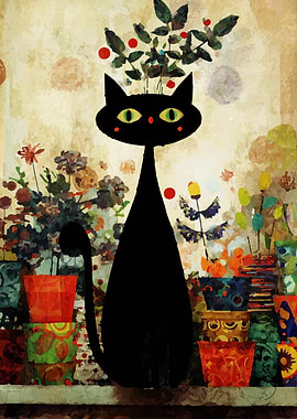 Black Cat with Flowers Digital Art