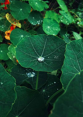 Water droplets on green Nasturtium leaves