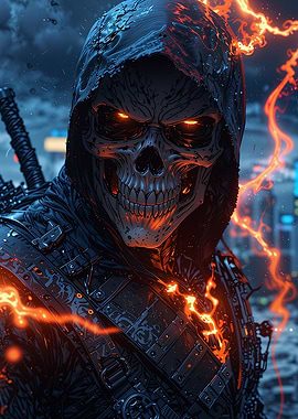 Cyberpunk Skull Warrior with Fiery Aura