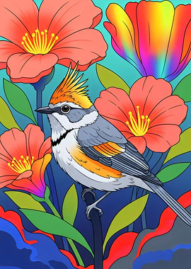 Colorful Bird Among Flowers Illustration