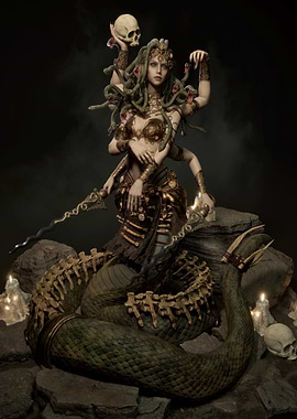Medusa Statue with Skulls and Candles