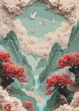 Floral Mountain Landscape Paper Cut