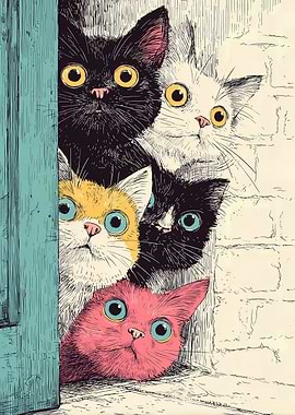 Curious Cats Bathroom Wall Art – Vintage Pop Illustration