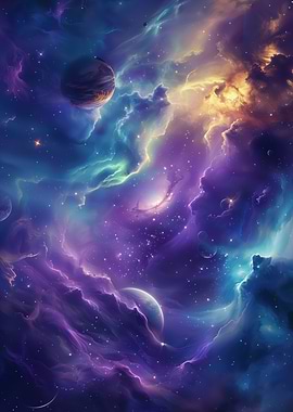 Colorful Nebula with Planets and Stars