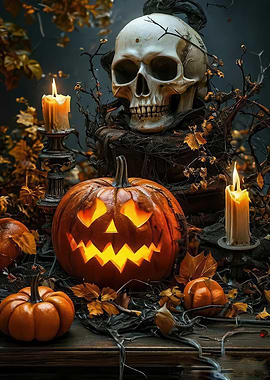 Halloween Still Life with Skull and Pumpkin