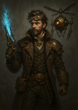 Armed Steampunk Hunter with Energy Gun and Drone