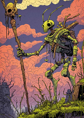 Anthropomorphic Insectoid Creature with Skull Staff