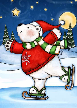 Polar Bear Ice Skating Christmas Illustration