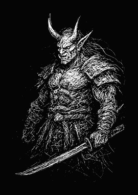 Horned Warrior with Sword Scribble Art