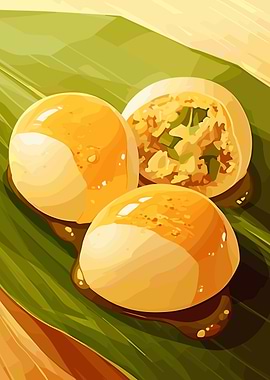 Three Mochi Balls on Green Leaf