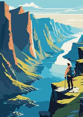 Hiker Overlooking Canyon River Landscape