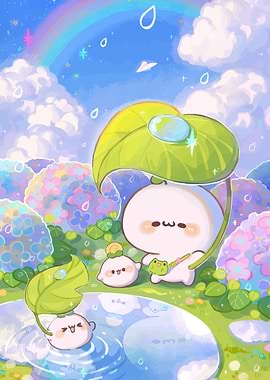 Cute Characters Rainy Landscape