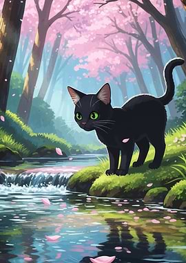 Black cat in cherry blossom forest