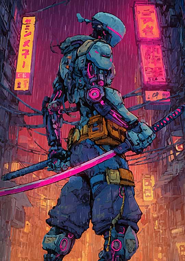 Cyberpunk Robot Ninja in Rainy Cityscape