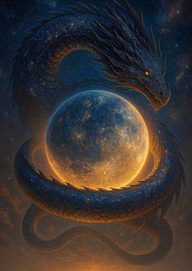 Fantasy Celestial Dragon Embracing a Glowing Orb