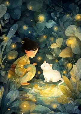 Girl and Cat in Enchanted Forest