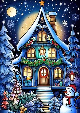 Whimsical Winter House with Snowman