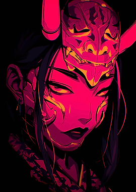 Woman with Oni Mask Digital Art