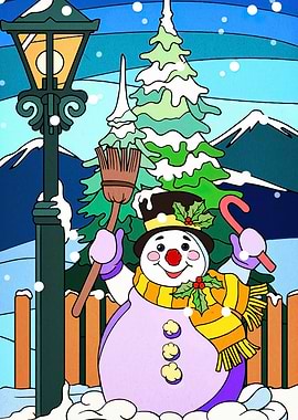 Cartoon Snowman Winter Scene