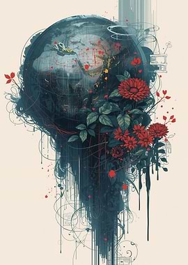 Abstract Globe with Floral and Circuitry