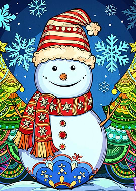 Festive Snowman with Christmas Trees