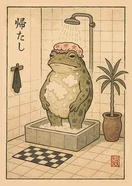 Frog in Shower with Bath Cap