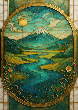 Stained Glass Mountain Landscape