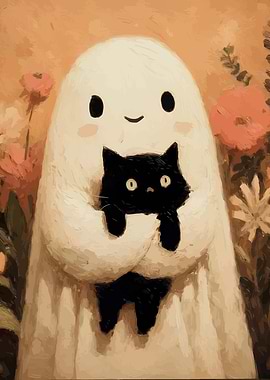Cute Ghost Holding Black Cat Painting