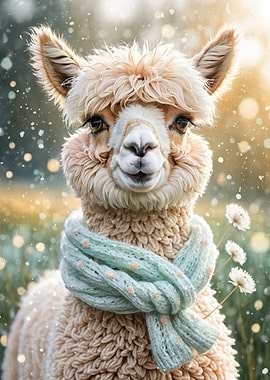 Adorable Alpaca Portrait with Mint Scarf — Pastel Digital Art Print