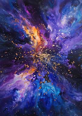 Abstract Galaxy Painting with Gold Splatters