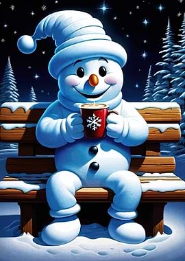 Snowman with Hot Drink on Bench