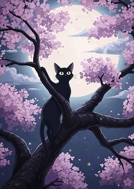 Black cat in cherry blossom tree