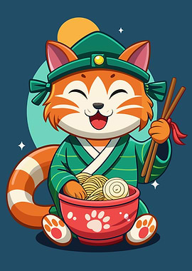 Cartoon Cat with Ramen Bowl