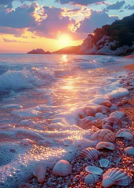 Seashells sandy Sea Beach at Sunset
