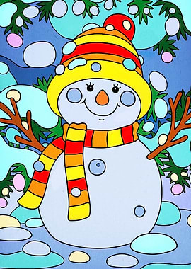 Cartoon Snowman with Hat and Scarf