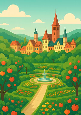 Cartoon Castle with Garden and Fountain
