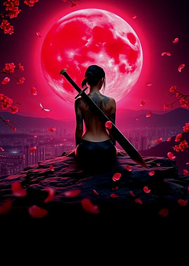 Tattooed Woman with Sword and Red Moon