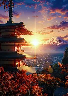 Japanese Pagoda with Mount Fuji Sunset