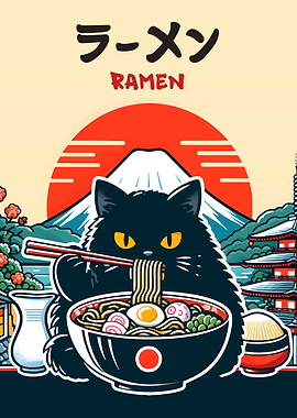 Cat eating ramen with Mount Fuji
