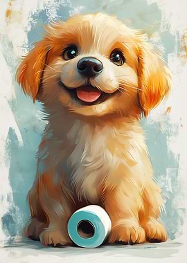 Cute Puppy with Toilet Paper Roll